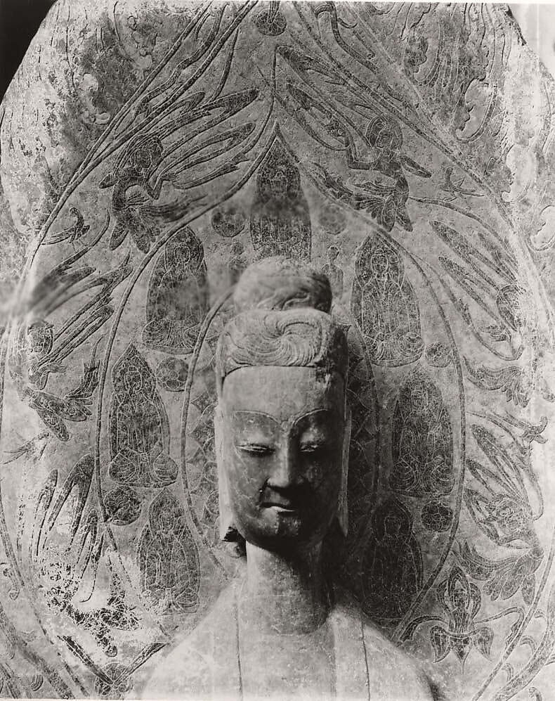 Maitreya with attendant bodhisattvas, Limestone, China