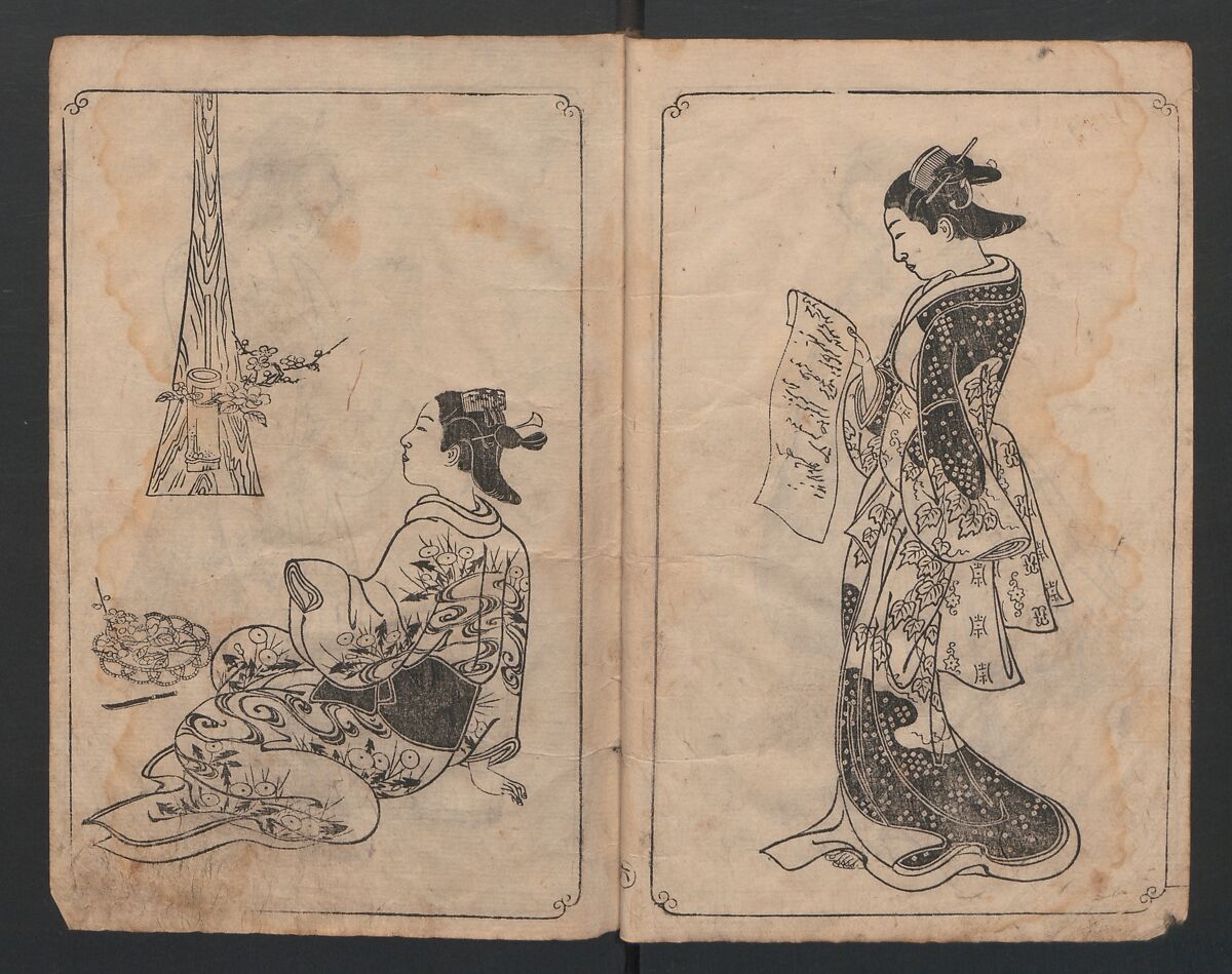 Picture Book: Mount Asaka (Ehon Asakayama) 絵本浅香山, Nishikawa Sukenobu 西川祐信 (Japanese, 1671–1750), Bound book of monochrome woodblock prints; ink on paper, Japan