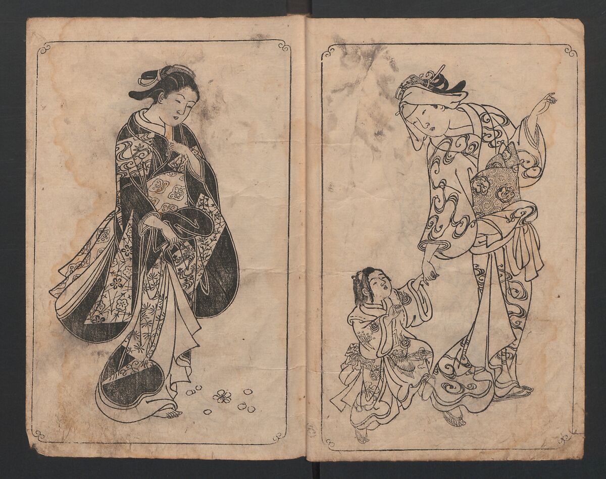 Picture Book: Mount Asaka (Ehon Asakayama) 絵本浅香山, Nishikawa Sukenobu 西川祐信 (Japanese, 1671–1750), Bound book of monochrome woodblock prints; ink on paper, Japan