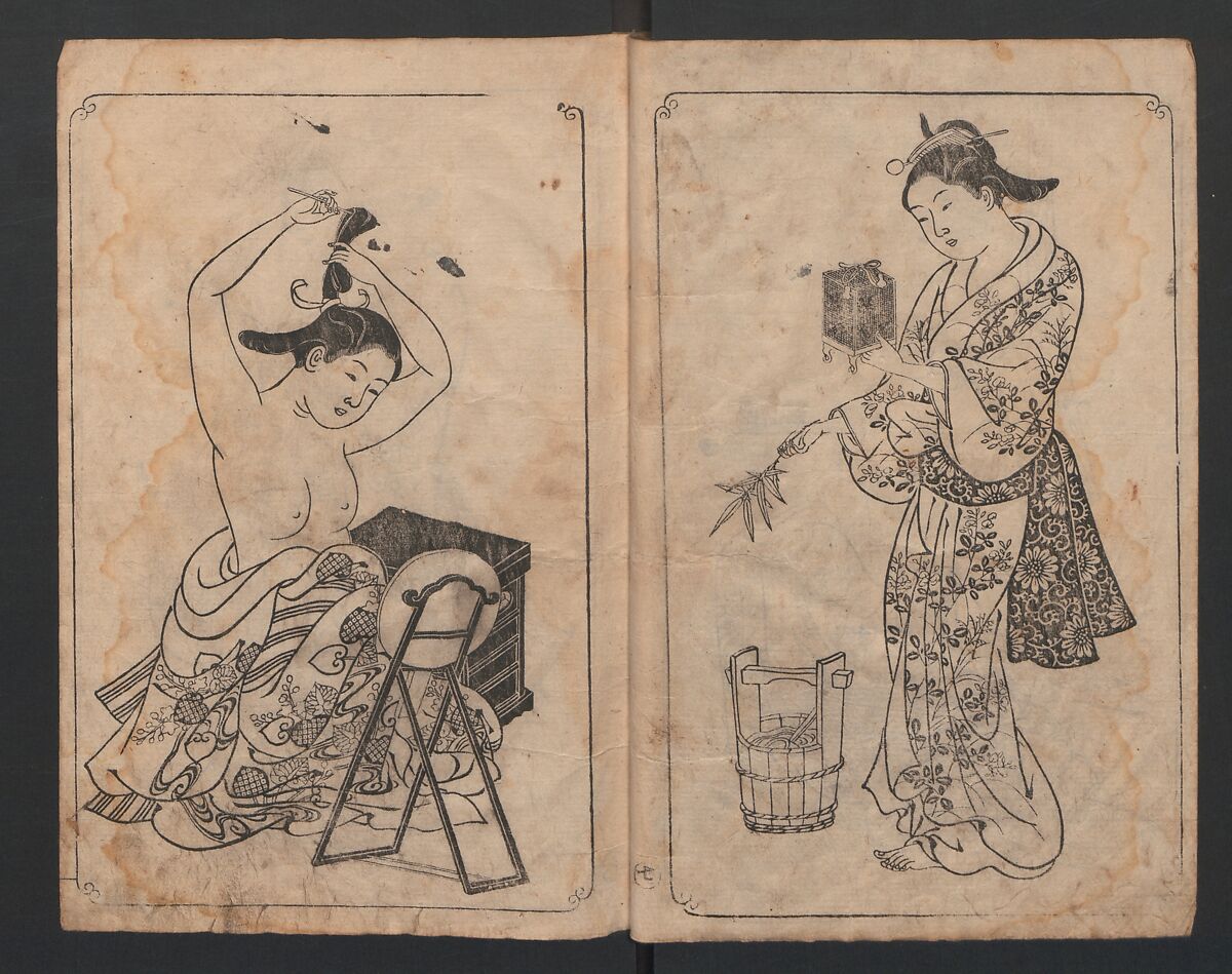 Picture Book: Mount Asaka (Ehon Asakayama) 絵本浅香山, Nishikawa Sukenobu 西川祐信 (Japanese, 1671–1750), Bound book of monochrome woodblock prints; ink on paper, Japan
