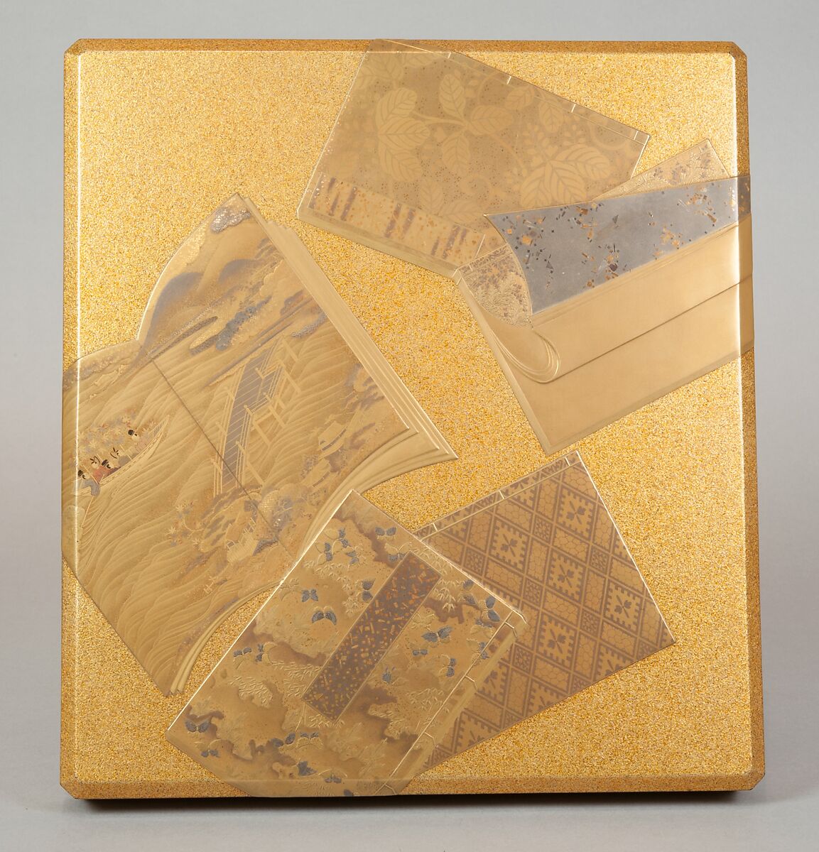 Writing Box with Illustrated Books, Gold and silver maki-e on gold-sprinkled lacquer, Japan