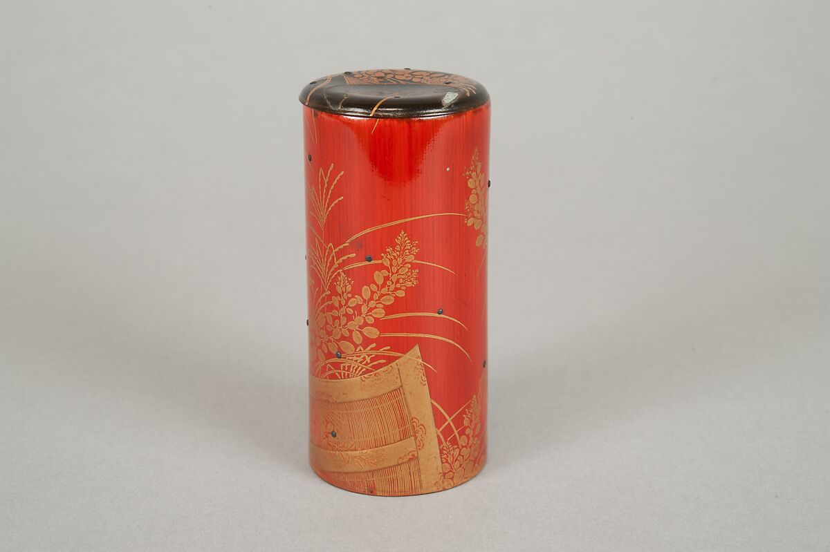 Cylindrical box, Red lacquer on bamboo with sprinkled gold powder, Japan