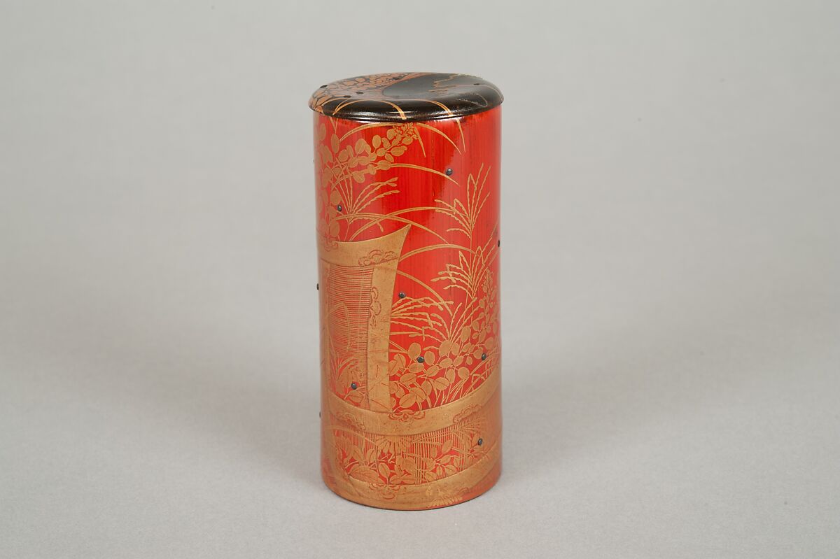 Cylindrical box, Red lacquer on bamboo with sprinkled gold powder, Japan