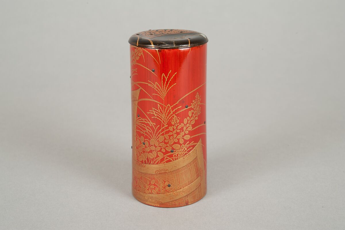 Cylindrical box, Red lacquer on bamboo with sprinkled gold powder, Japan