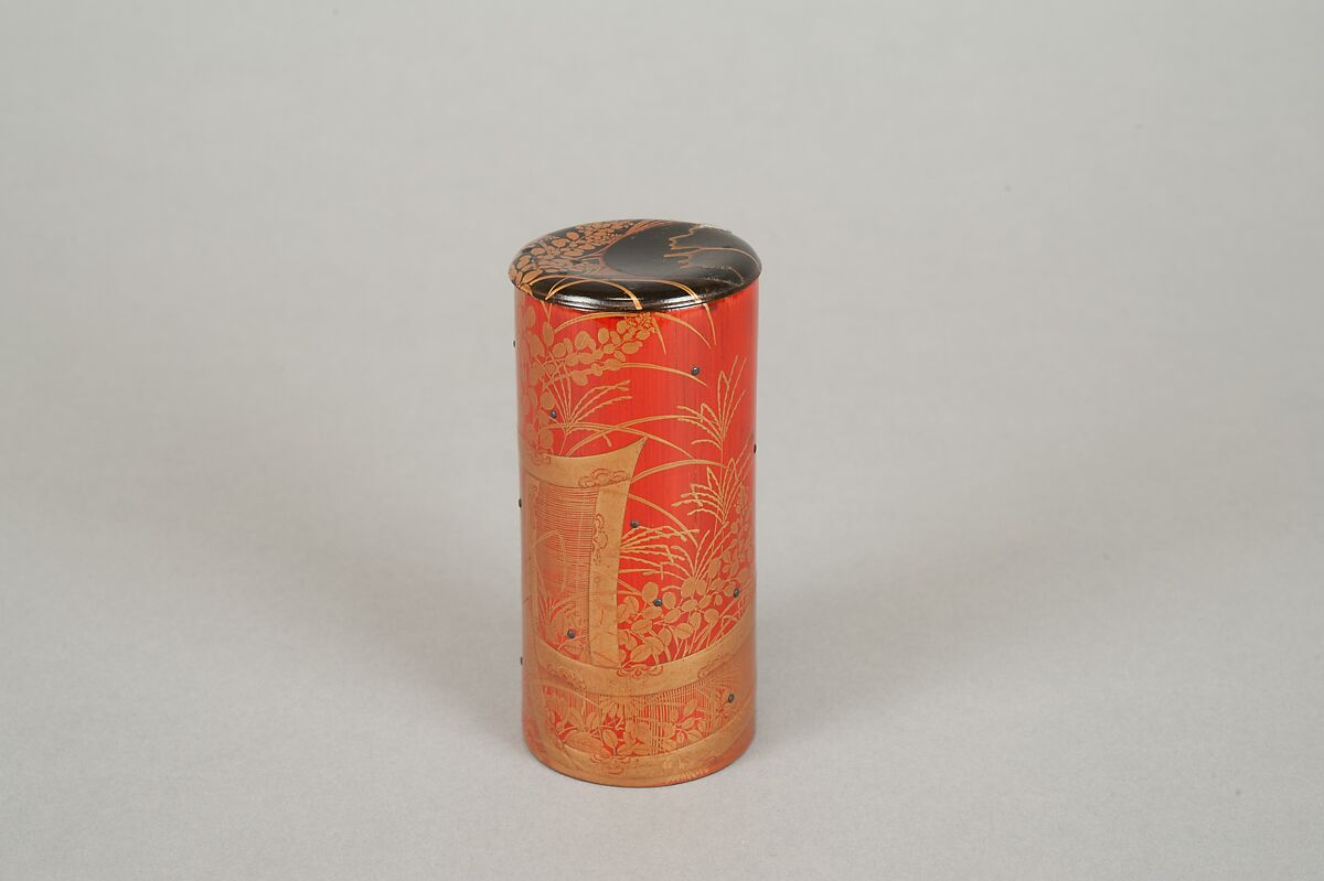 Cylindrical box, Red lacquer on bamboo with sprinkled gold powder, Japan