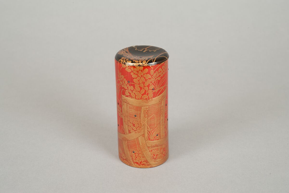 Cylindrical box, Red lacquer on bamboo with sprinkled gold powder, Japan