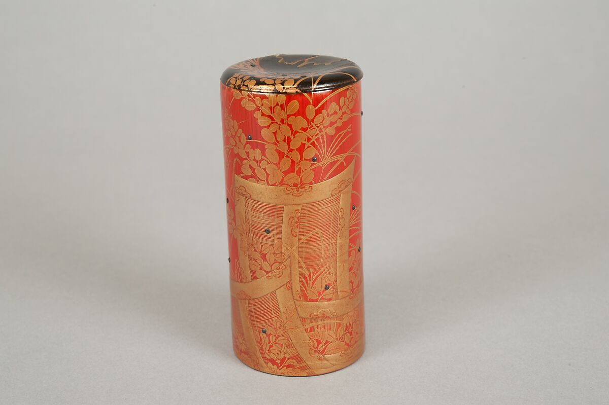 Cylindrical box, Red lacquer on bamboo with sprinkled gold powder, Japan
