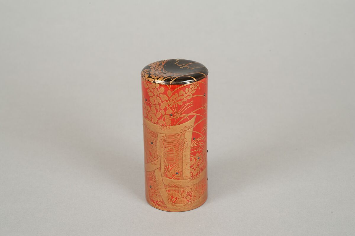 Cylindrical box, Red lacquer on bamboo with sprinkled gold powder, Japan