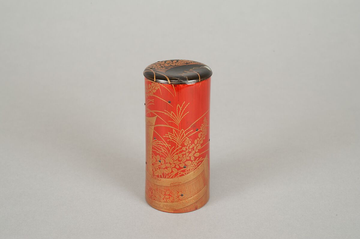 Cylindrical box, Red lacquer on bamboo with sprinkled gold powder, Japan