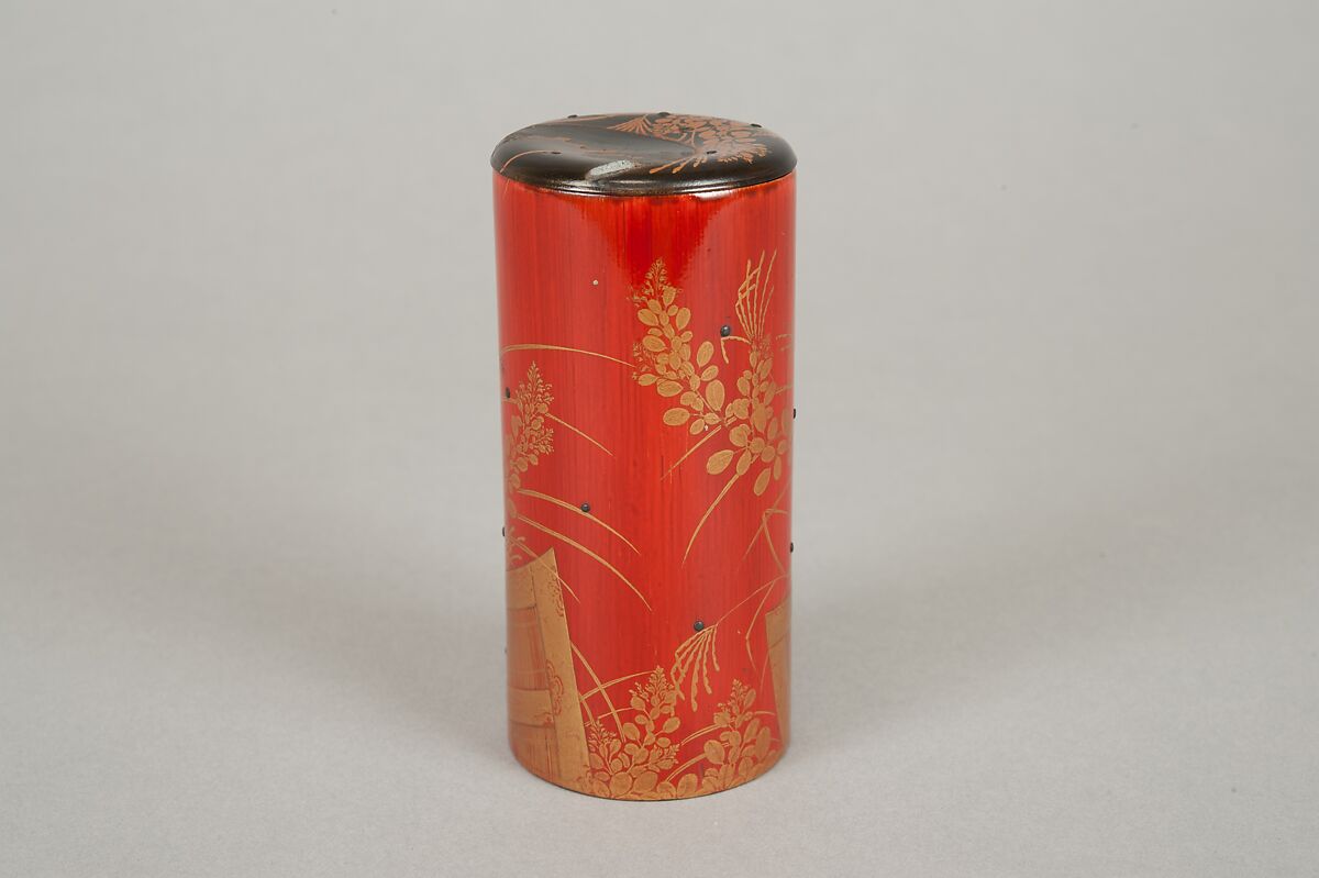 Cylindrical box, Red lacquer on bamboo with sprinkled gold powder, Japan