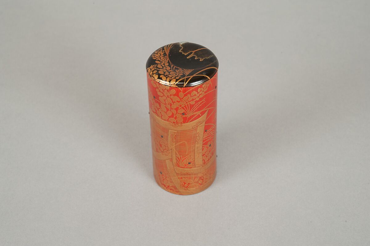 Cylindrical box, Red lacquer on bamboo with sprinkled gold powder, Japan