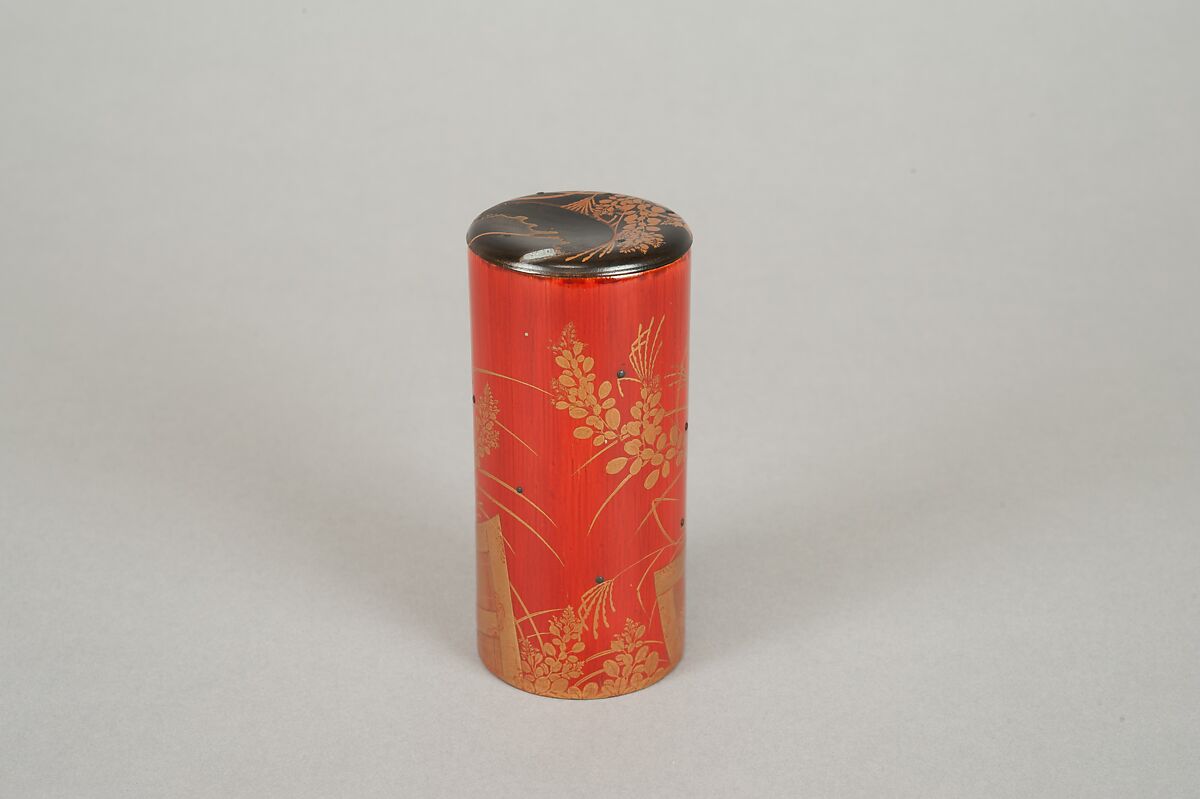 Cylindrical box, Red lacquer on bamboo with sprinkled gold powder, Japan