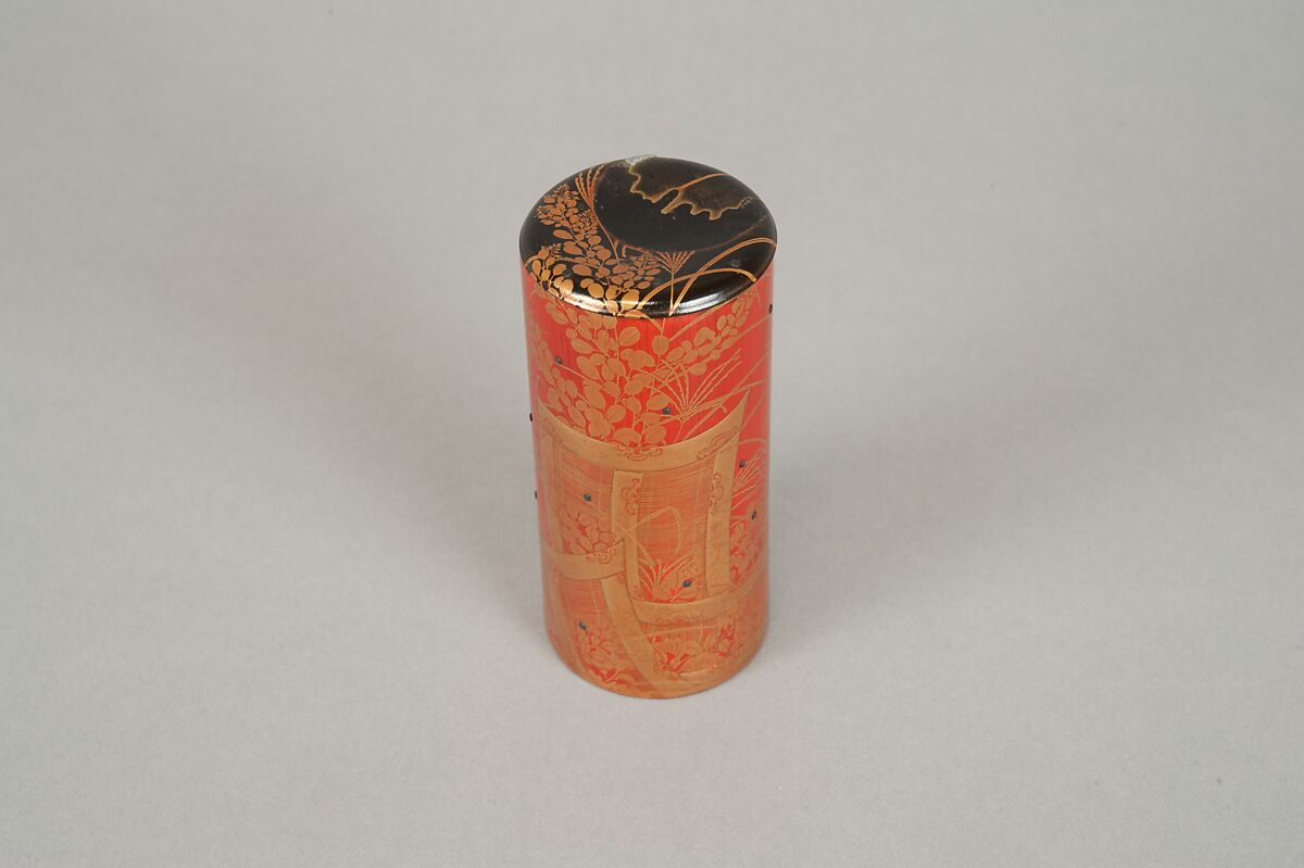 Cylindrical box, Red lacquer on bamboo with sprinkled gold powder, Japan