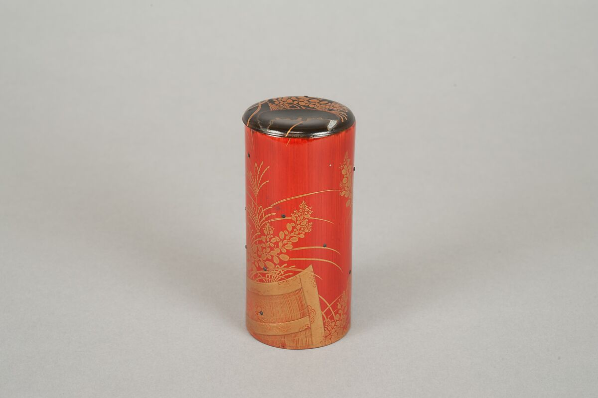 Cylindrical box, Red lacquer on bamboo with sprinkled gold powder, Japan