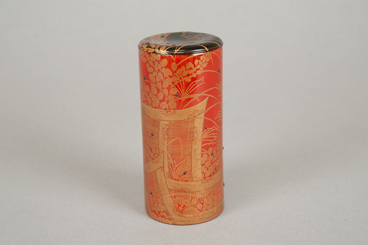 Cylindrical box, Red lacquer on bamboo with sprinkled gold powder, Japan