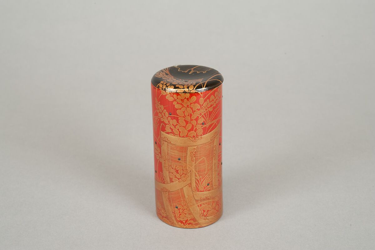 Cylindrical box, Red lacquer on bamboo with sprinkled gold powder, Japan