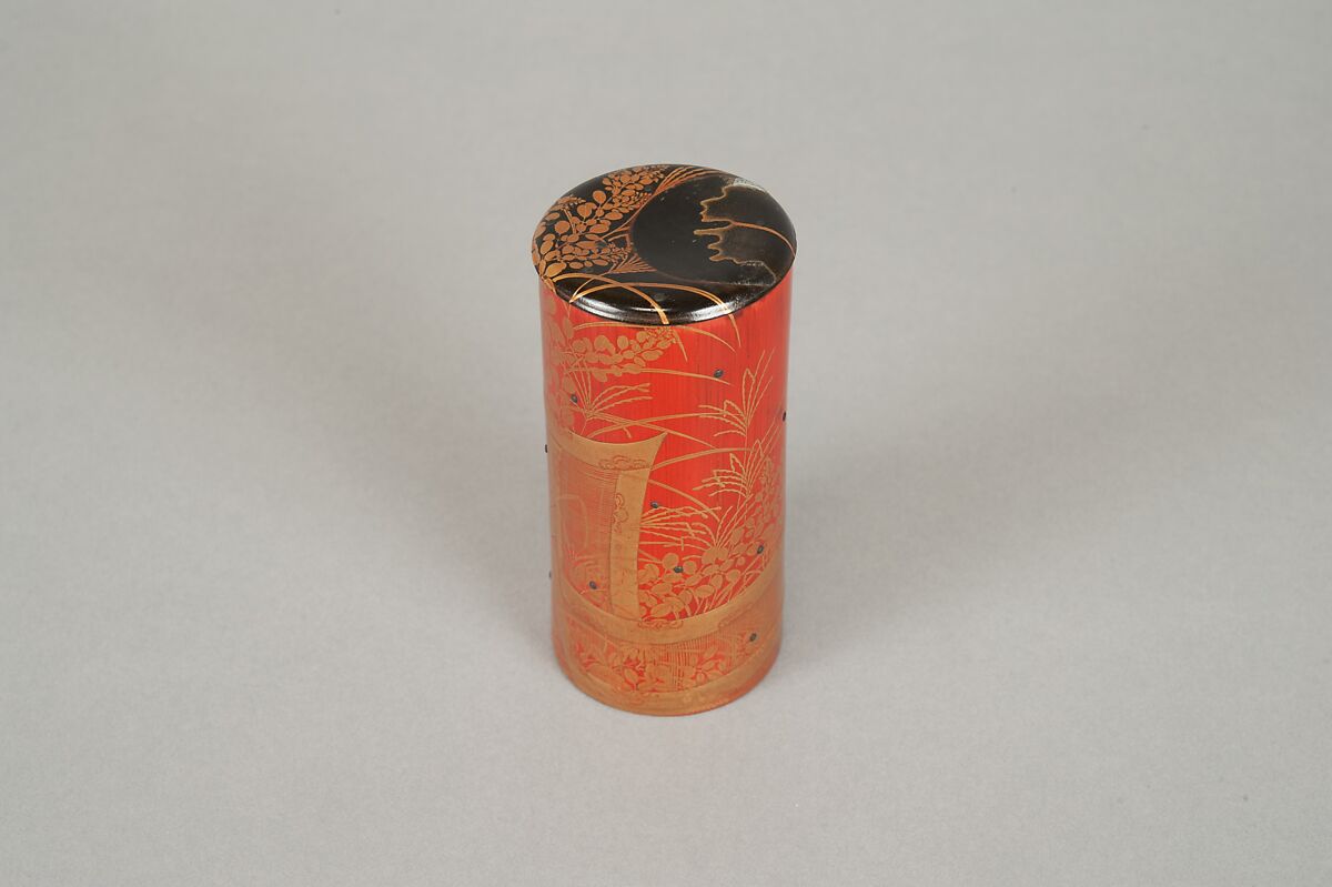 Cylindrical box, Red lacquer on bamboo with sprinkled gold powder, Japan