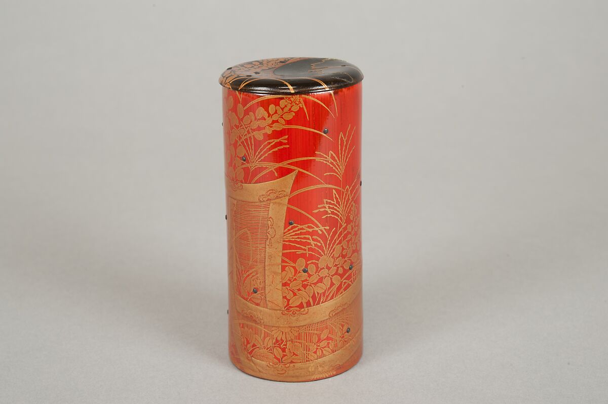 Cylindrical box, Red lacquer on bamboo with sprinkled gold powder, Japan