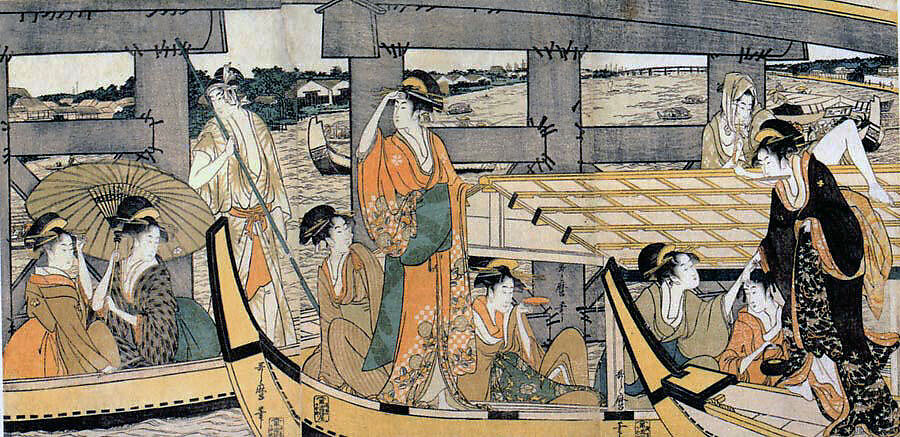 Enjoying the Cool Evening Breeze on and under the Bridge, Kitagawa Utamaro (Japanese, ca. 1754–1806), Three sheets of a hexaptych of woodblock prints; ink and color on paper, Japan 