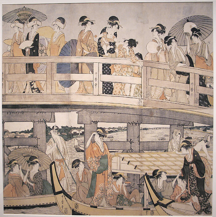 Enjoying the Cool Evening Breeze on and under the Bridge, Kitagawa Utamaro (Japanese, ca. 1754–1806), Three sheets of a hexaptych of woodblock prints; ink and color on paper, Japan