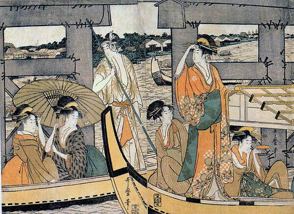 Enjoying the Cool Evening Breeze on and under the Bridge, Kitagawa Utamaro (Japanese, ca. 1754–1806), Three sheets of a hexaptych of woodblock prints; ink and color on paper, Japan