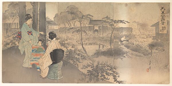 Bush Clover at Ryuganji Temple, Kameido from the series hana bijin meisho awase (Collections of Flowers, Beauties and Famous Places)　亀戸龍眼寺の萩, Ogata Gekkō (Japanese, 1859–1920), Triptych of woodblock prints; ink and color on paper, Japan 