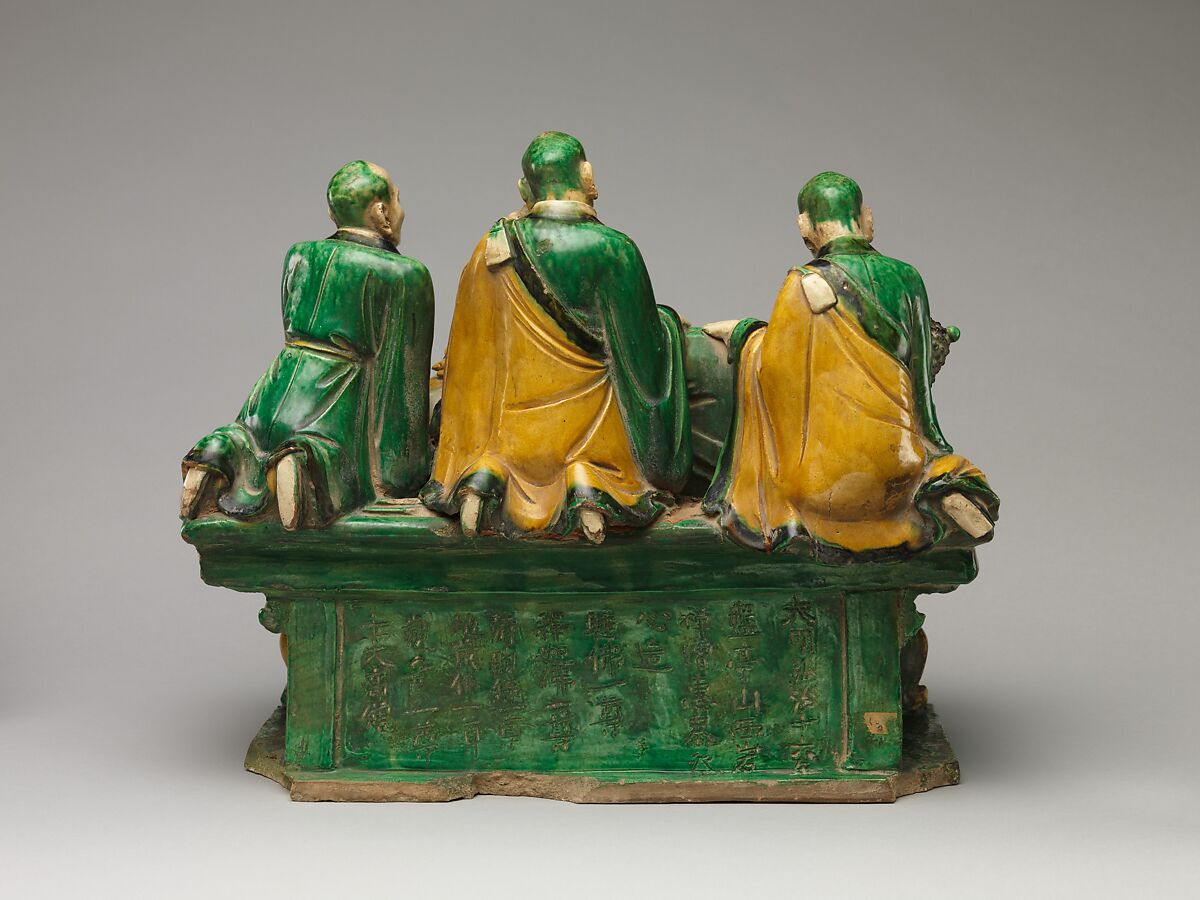 Par nirvana (death and transcendence of the Buddha) and attendant arhats, Qiao Bin (Chinese, active 1481–1507), Earthenware with polychrome glaze, China