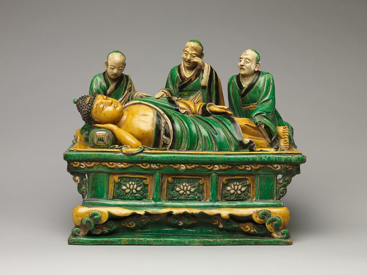 Par nirvana (death and transcendence of the Buddha) and attendant arhats, Qiao Bin (Chinese, active 1481–1507), Earthenware with polychrome glaze, China 