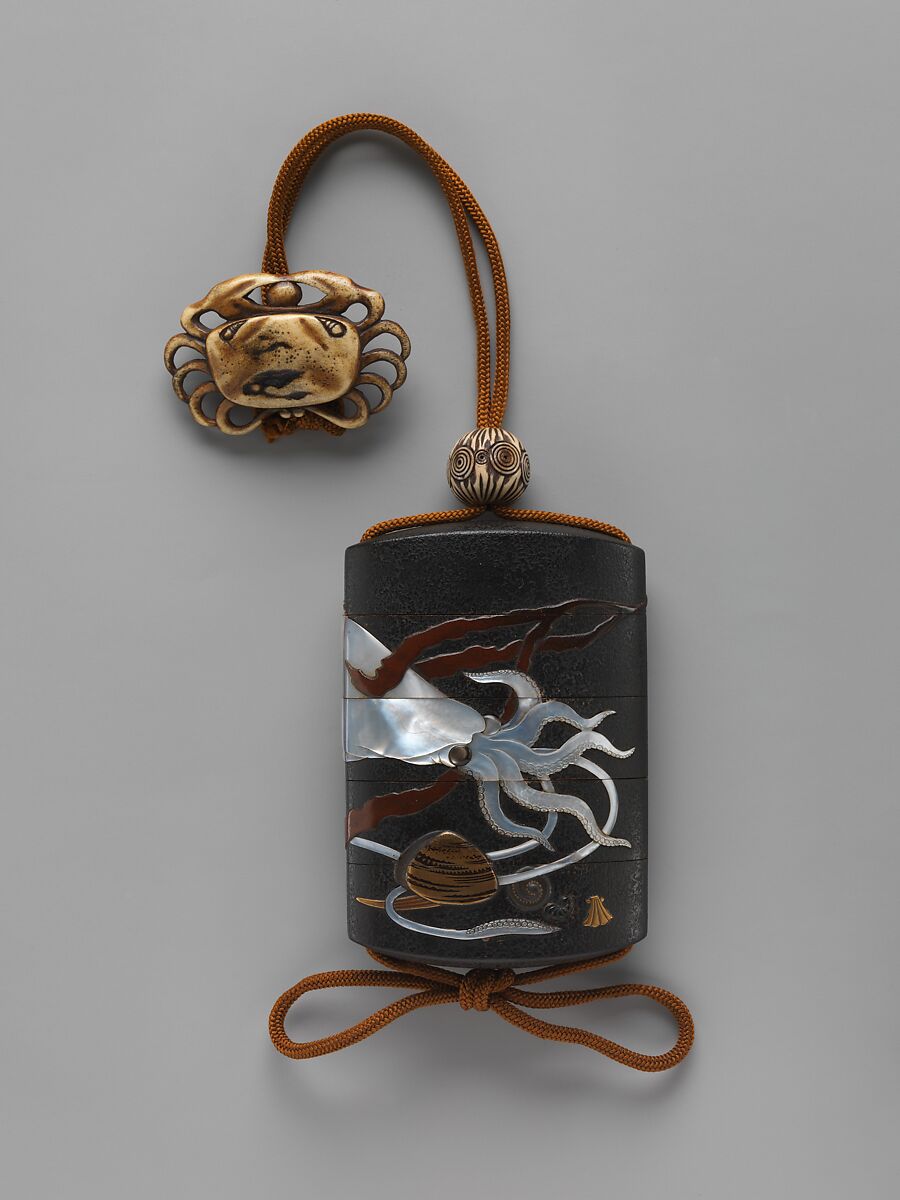 Case (Inrō) with Design of Squid, Shells and Seaweed, Hara Yōyūsai (Japanese, 1772–1845), Case: powdered gold (maki-e) and colored lacquer on black lacquer with mother-of-pearl and gold inlays; Fastener (ojime): ivory carved with abstract design; Toggle (netsuke): ivory carved in the shape of a crab, Japan 