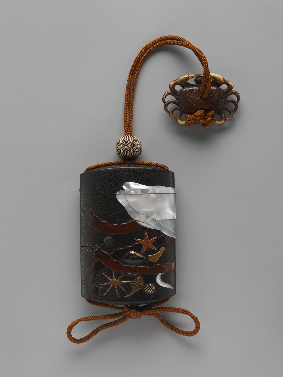 Case (Inrō) with Design of Squid, Shells and Seaweed, Hara Yōyūsai (Japanese, 1772–1845), Case: powdered gold (maki-e) and colored lacquer on black lacquer with mother-of-pearl and gold inlays; Fastener (ojime): ivory carved with abstract design; Toggle (netsuke): ivory carved in the shape of a crab, Japan