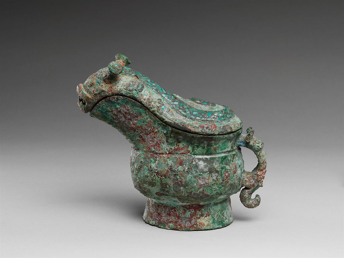 Wine pouring vessel (Gong)	, Bronze inlaid with turquoise, China