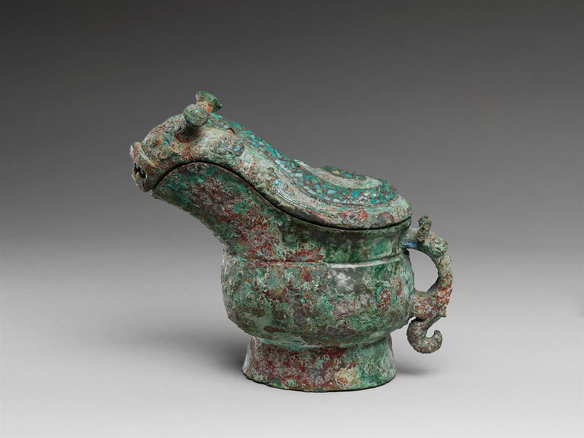 Wine pouring vessel (Gong), Bronze inlaid with turquoise, China 