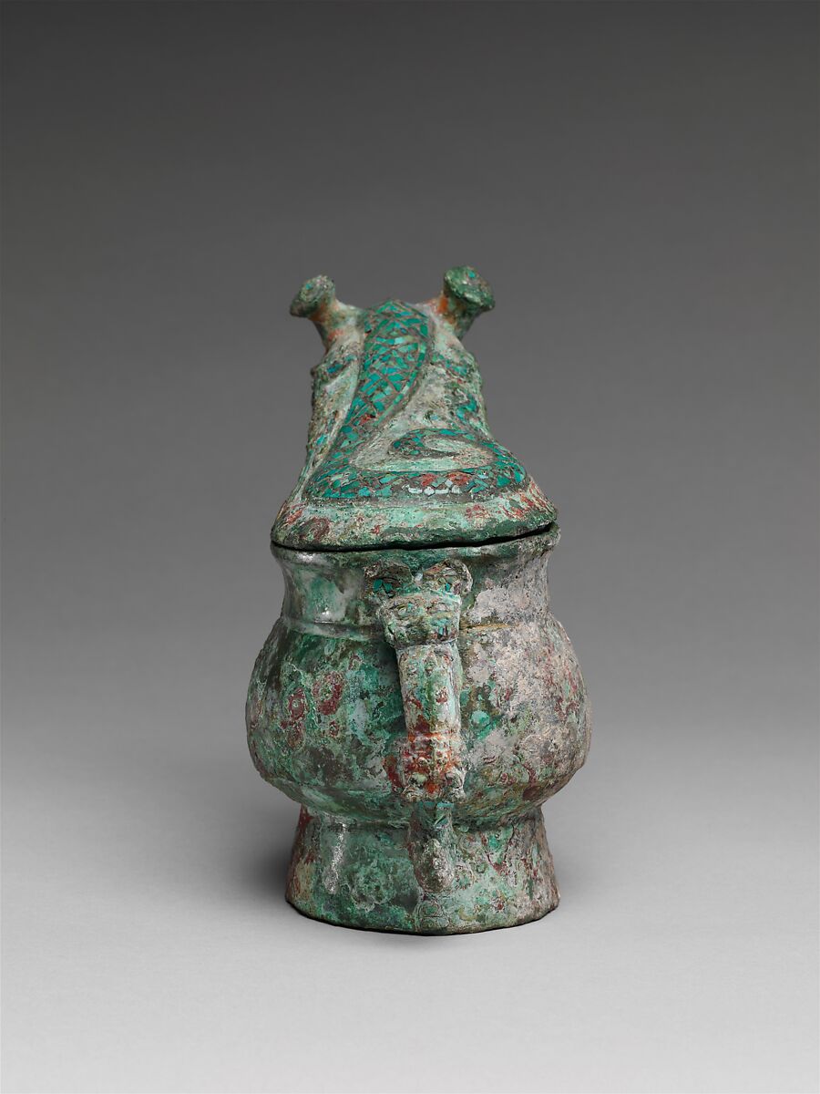 Wine pouring vessel (Gong), Bronze inlaid with turquoise, China