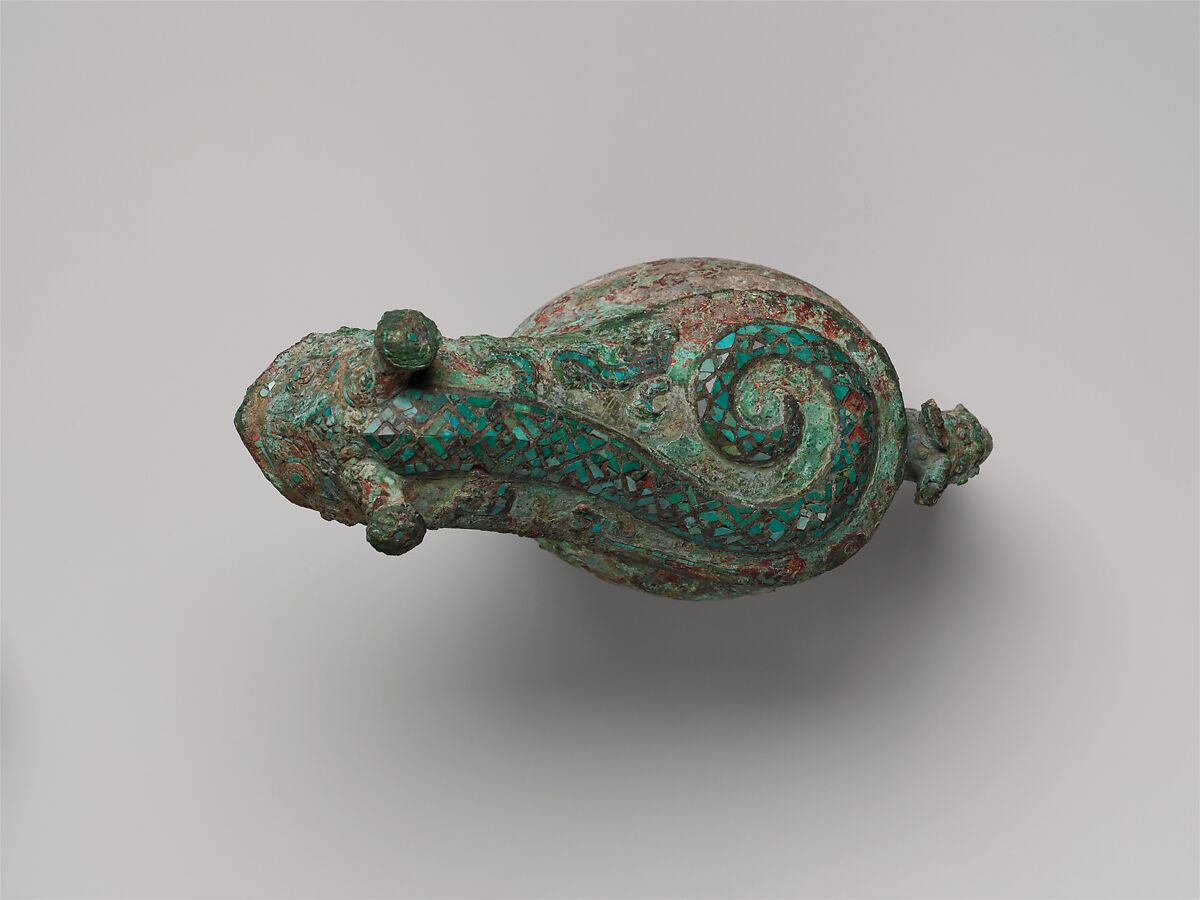 Wine pouring vessel (Gong), Bronze inlaid with turquoise, China