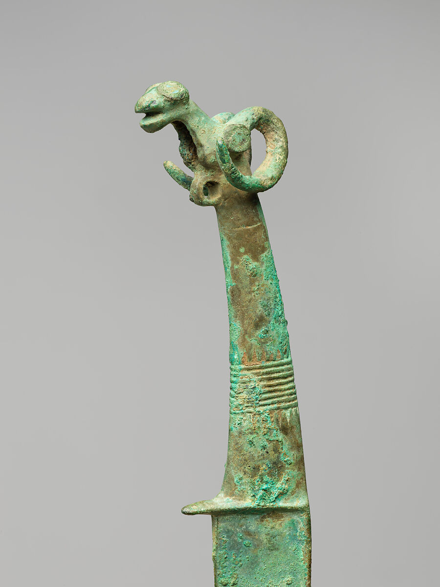Knife with Ram's Head, Bronze inlaid with turquoise, China
