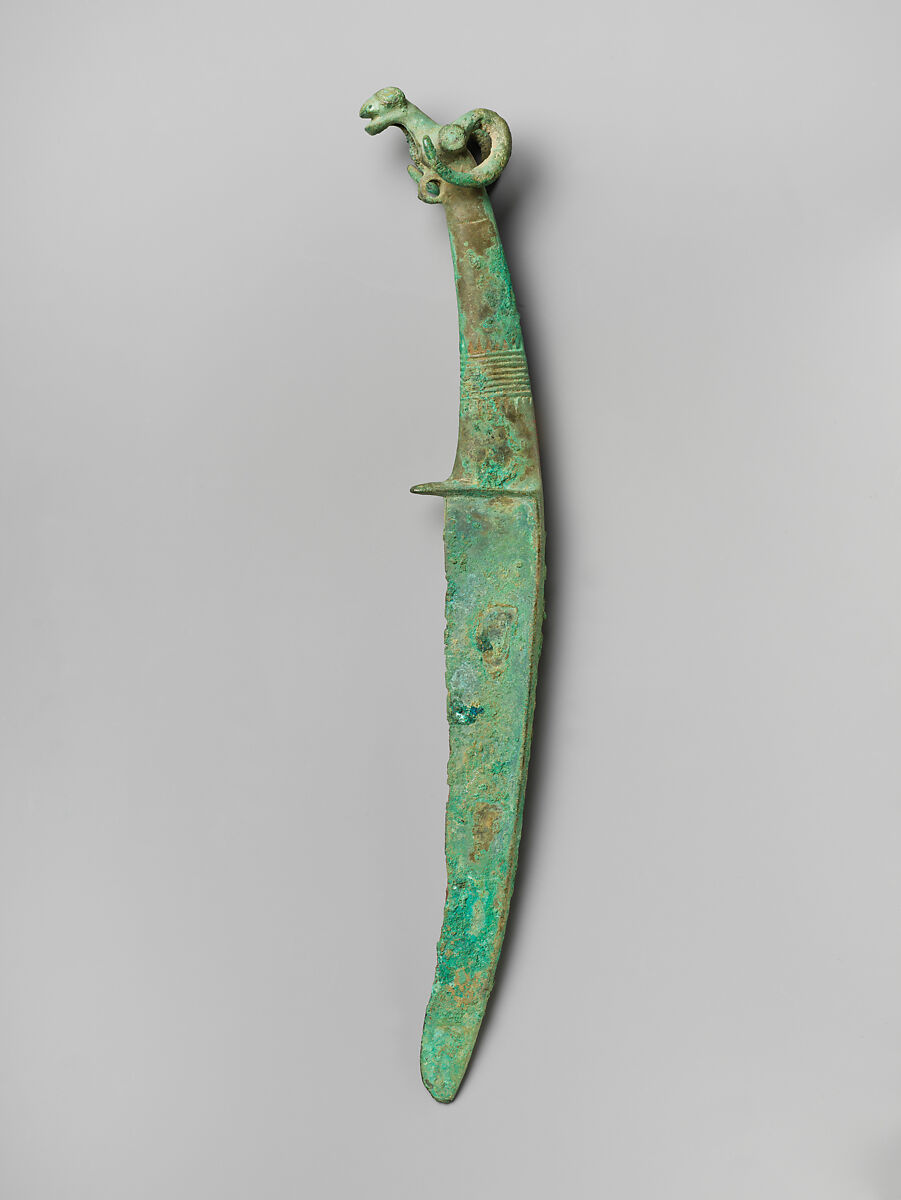 Knife with Ram's Head, Bronze inlaid with turquoise, China