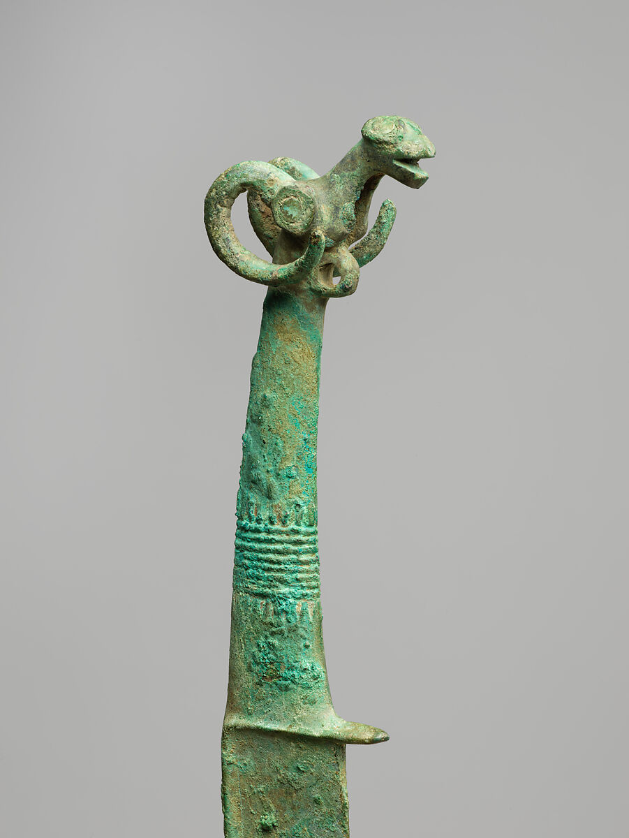 Knife with Ram's Head, Bronze inlaid with turquoise, China