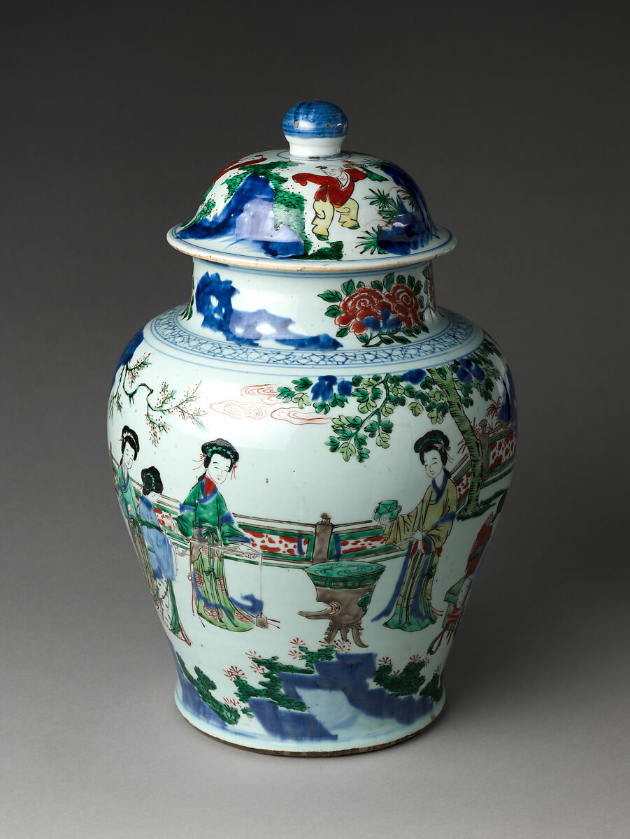 Jar with women at leisure, Porcelain painted in underglaze cobalt blue and overglaze polychrome enamels (Jingdezhen ware), China 
