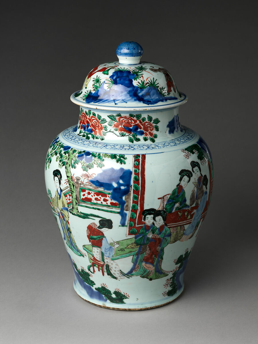 Jar with women at leisure, Porcelain painted in underglaze cobalt blue and overglaze polychrome enamels (Jingdezhen ware), China