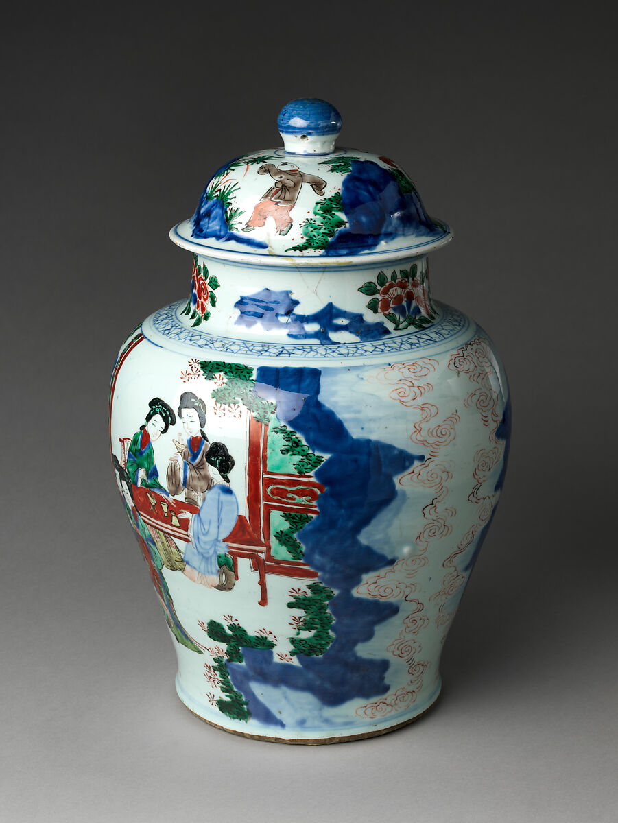 Jar with women at leisure, Porcelain painted in underglaze cobalt blue and overglaze polychrome enamels (Jingdezhen ware), China