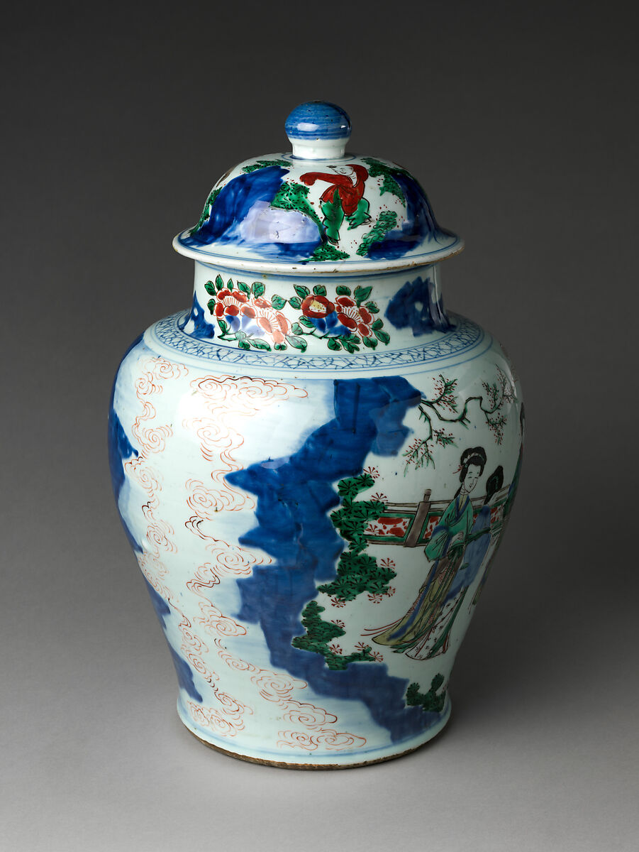 Jar with women at leisure, Porcelain painted in underglaze cobalt blue and overglaze polychrome enamels (Jingdezhen ware), China