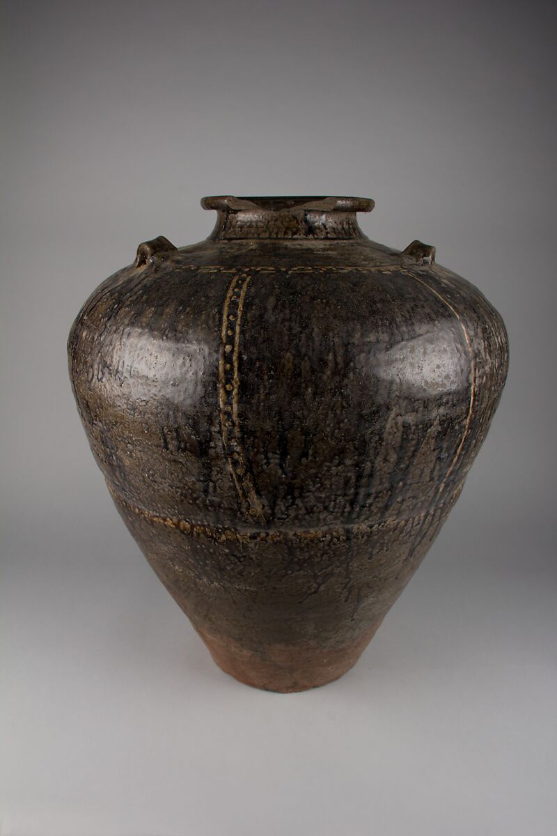 Storage Jar, Stoneware with relief decoration and brown glazes (Martaban ware), China
