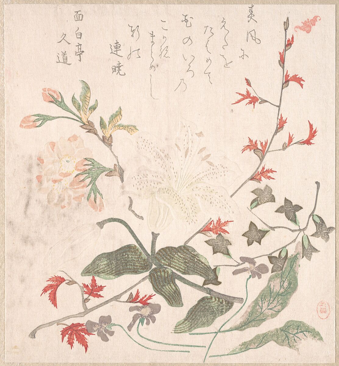 Lily, Violets, Cherry Blossoms, Forsythia, and a Branch of Red Maple, Unidentified artist, Woodblock print (surimono); ink and color on paper, Japan 