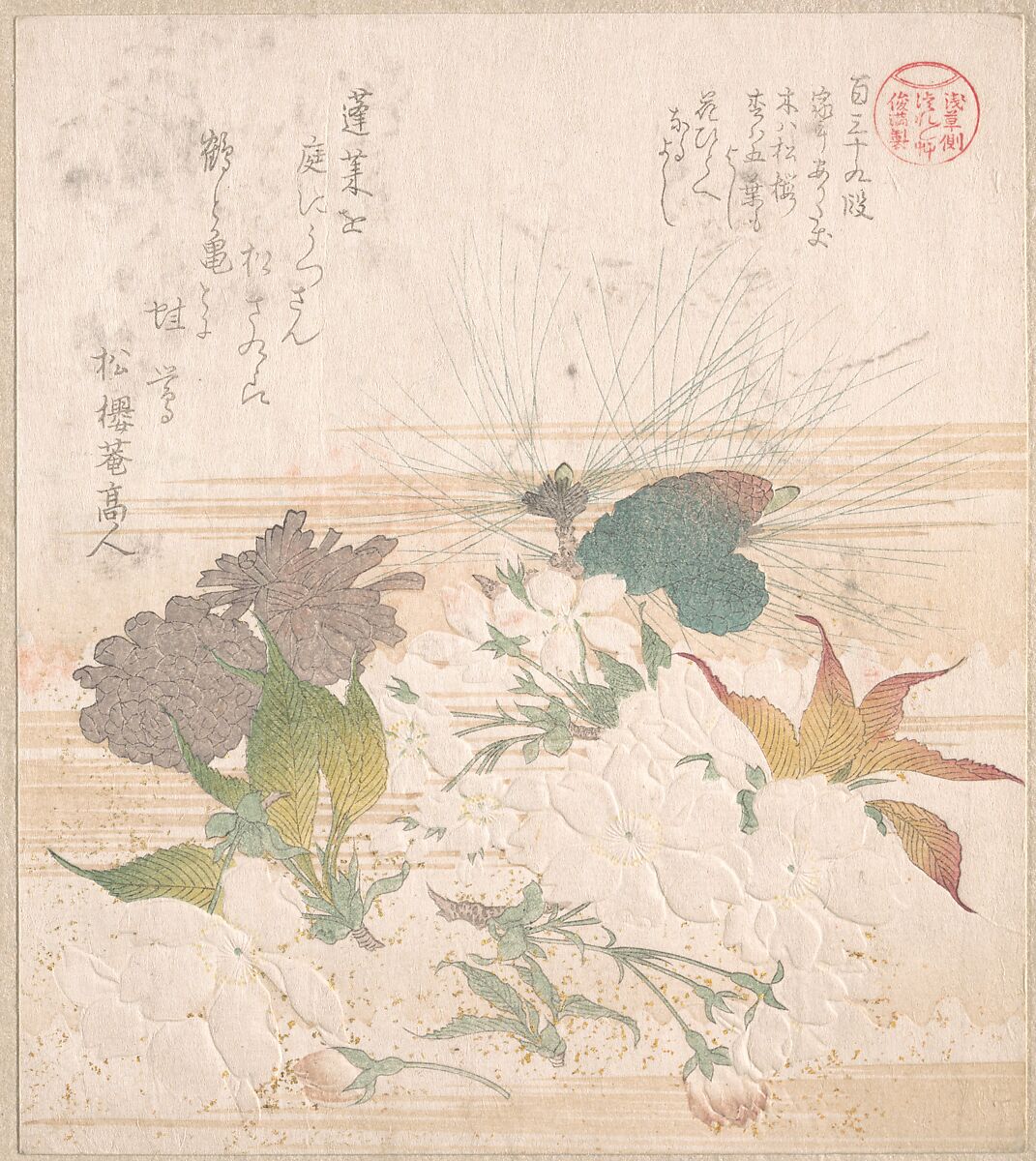 Cherry Blossoms and Pine Cones, Kubo Shunman (Japanese, 1757–1820) (?), Woodblock print (surimono); ink and color on paper, Japan 