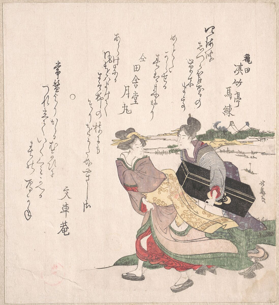 Geisha Girl Hurrying with a Maid Servant Who is Carrying a Shamisen Box, Teisai Hokuba (Japanese, 1771–1844), Woodblock print (surimono); ink and color on paper, Japan 