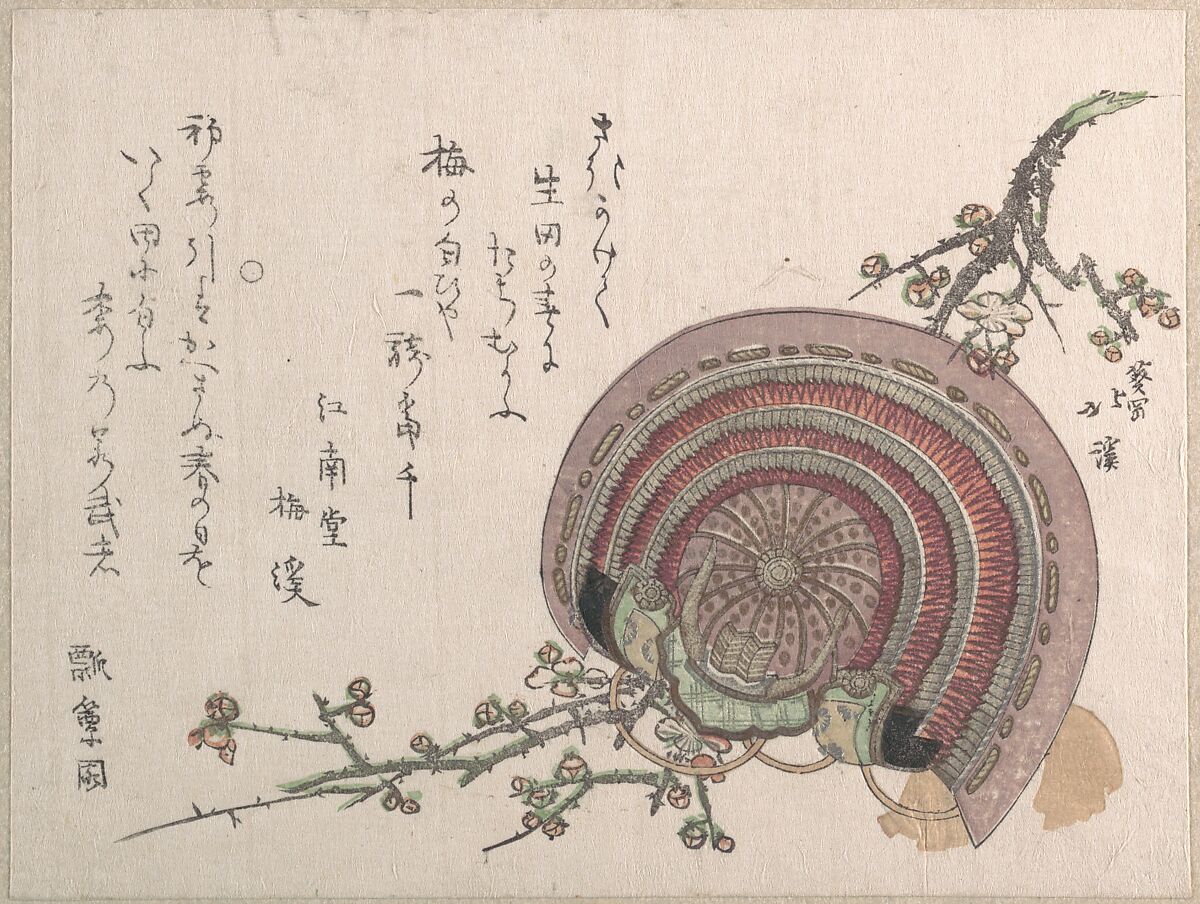 Helmet and Plum Blossoms, Totoya Hokkei (Japanese, 1780–1850), Woodblock print (surimono); ink and color on paper, Japan 