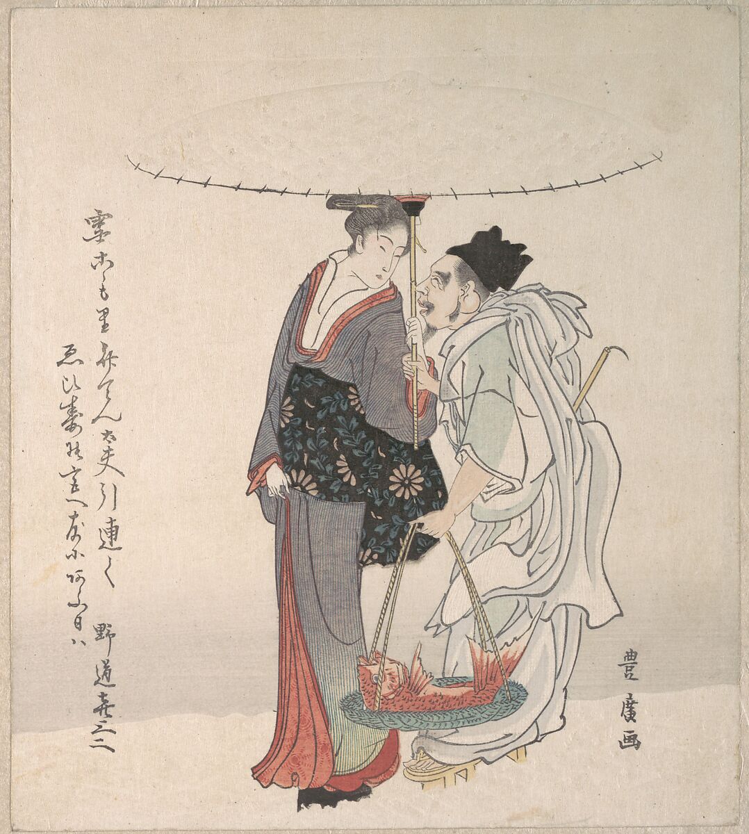 Ebisu and Benten Walking in the Snow, Utagawa Toyohiro (Japanese, 1763–1828), Woodblock print (surimono); ink and color on paper, Japan 