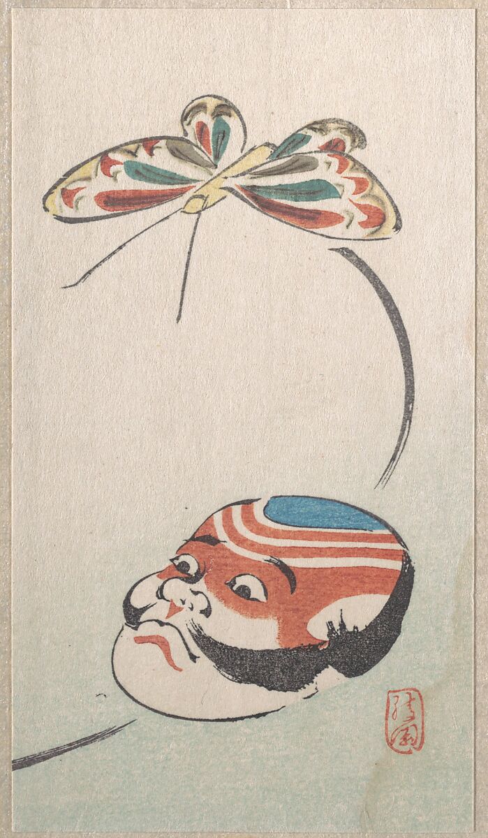 Butterfly and Mask of Yakko (the footman of a samurai), Ayaoka (Japanese, 18th–19th century), Part of an album of woodblock prints (surimono); ink and color on paper, Japan 