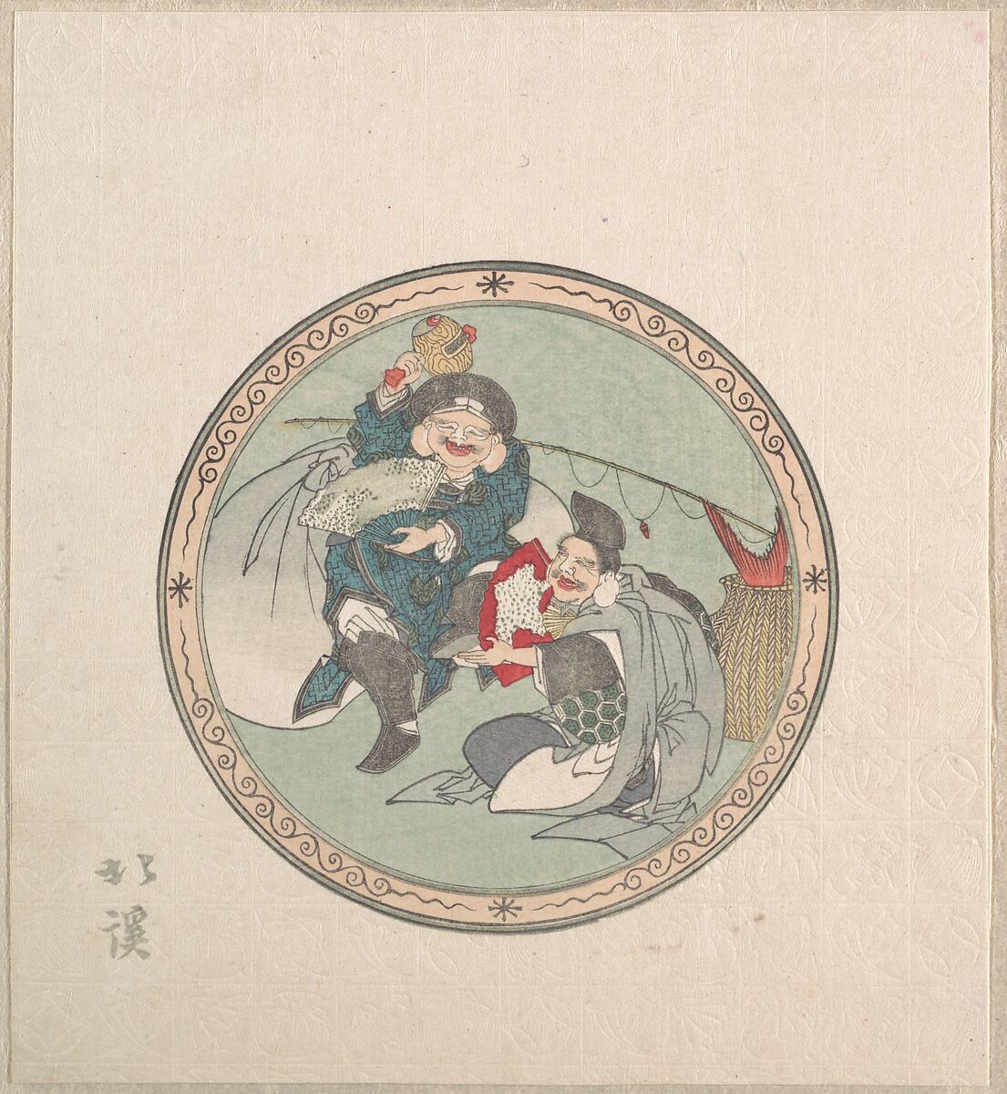 Ebisu and Daikoku; Two of the Seven Gods of Good Fortune, Totoya Hokkei (Japanese, 1780–1850), Part of an album of woodblock prints (surimono); ink and color on paper, Japan 