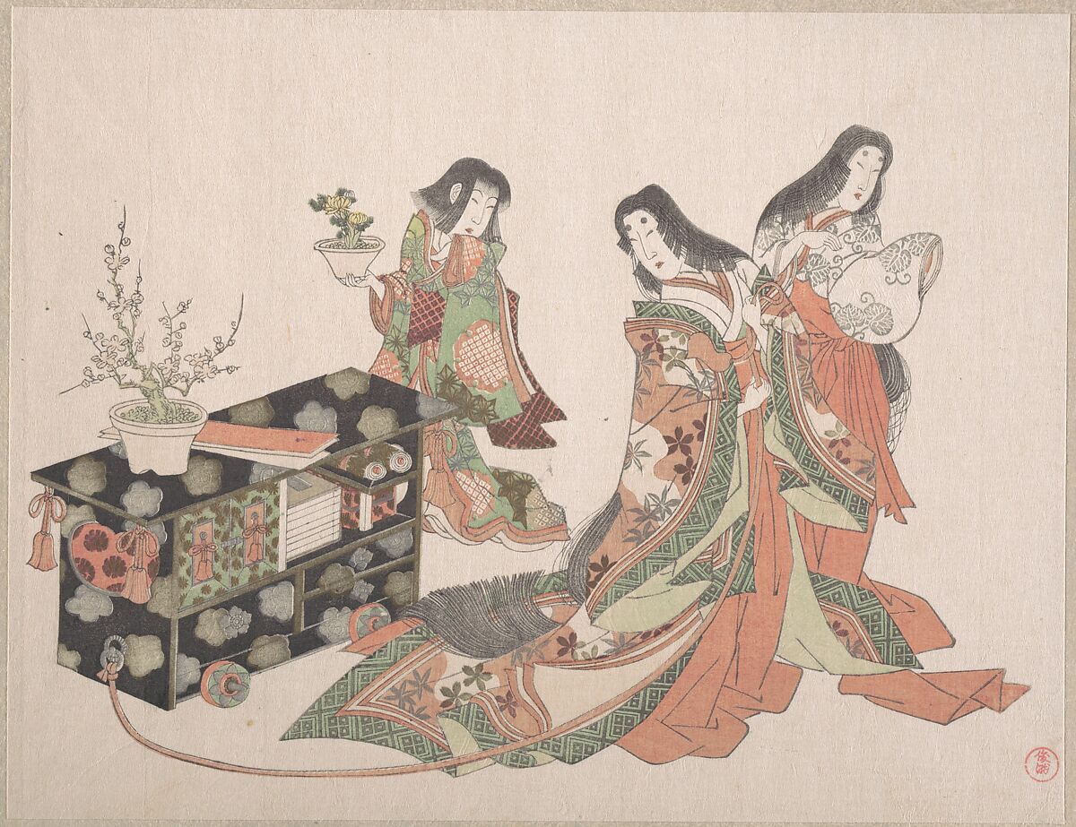 Court Ladies Dragging a Cabinet along the Floor, Kubo Shunman (Japanese, 1757–1820) (?), Part of an album of woodblock prints (surimono); ink and color on paper, Japan 